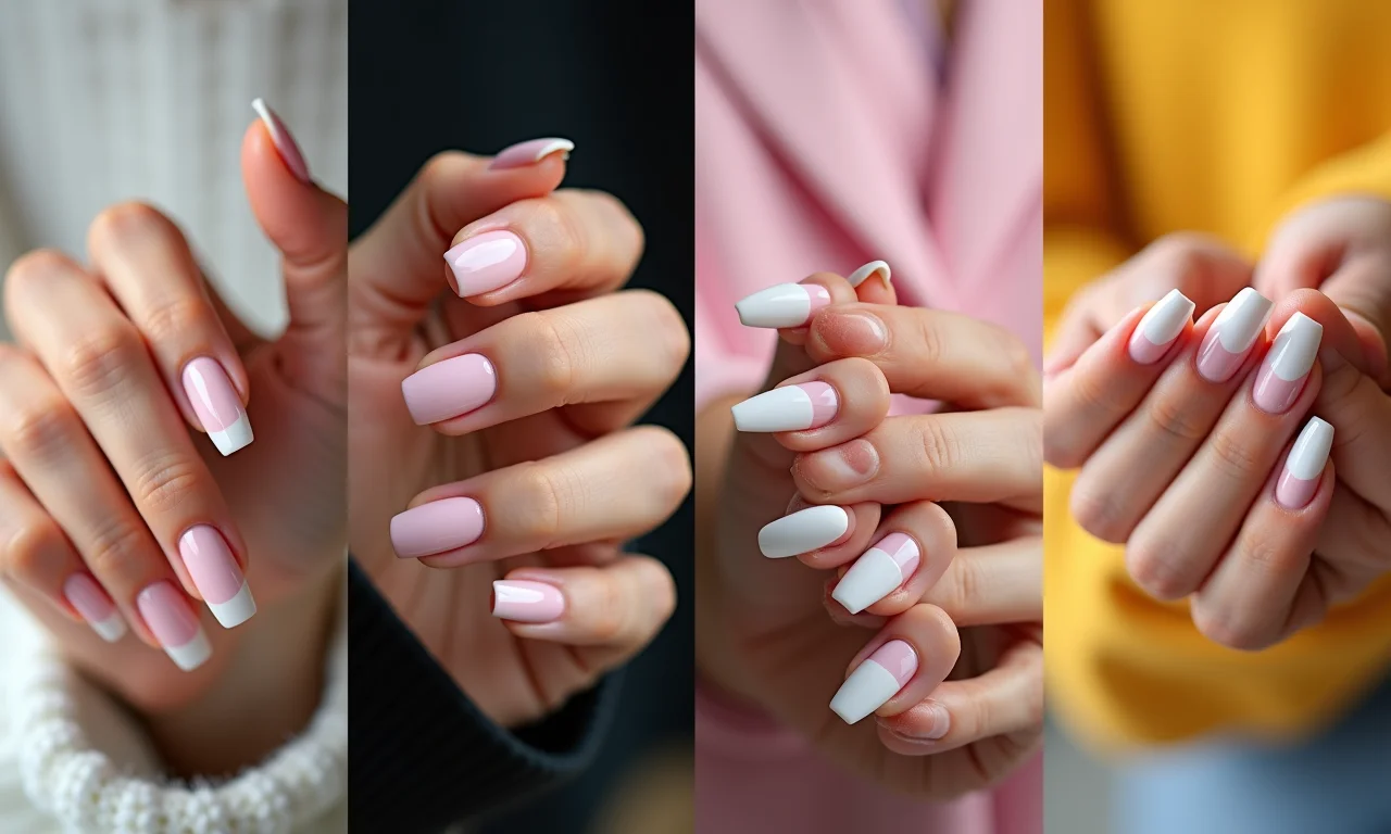 Montagem de diferentes formatos de unha, como quadrada, oval, amendoada e stiletto, em mãos diversas.