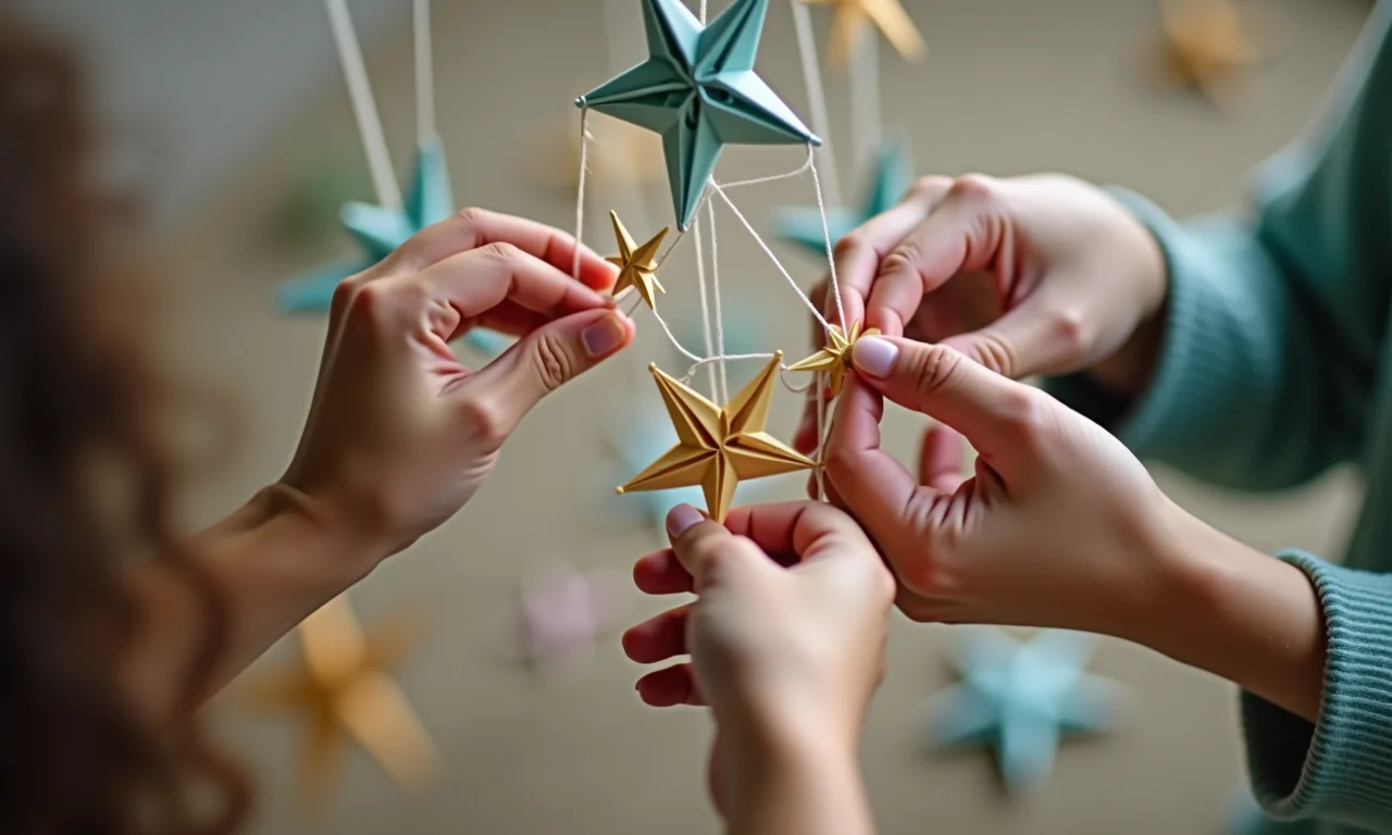 Montagem de móbile personalizado com estrelas de origami