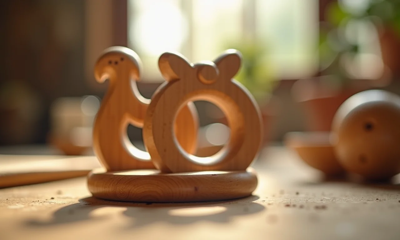 Mordedor de madeira artesanal para bebê, acabamento natural e seguro.