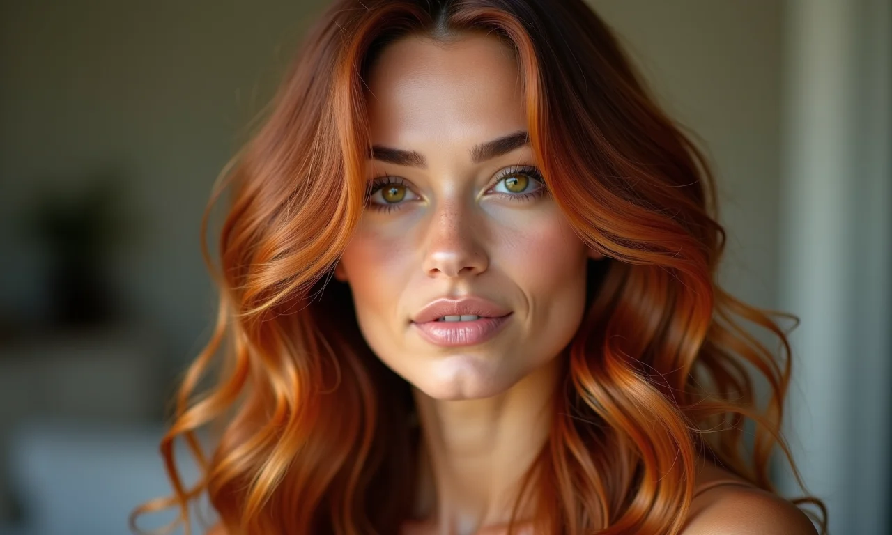 Morena iluminada doce de leite acobreado, com reflexos quentes e vibrantes.