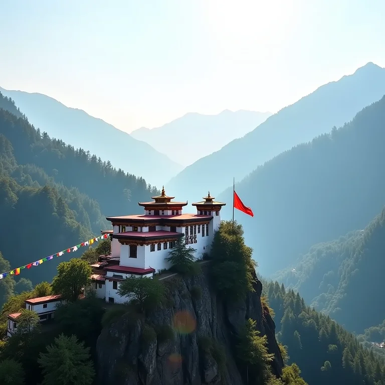 Mosteiro tradicional no Butão com bandeiras de oração.