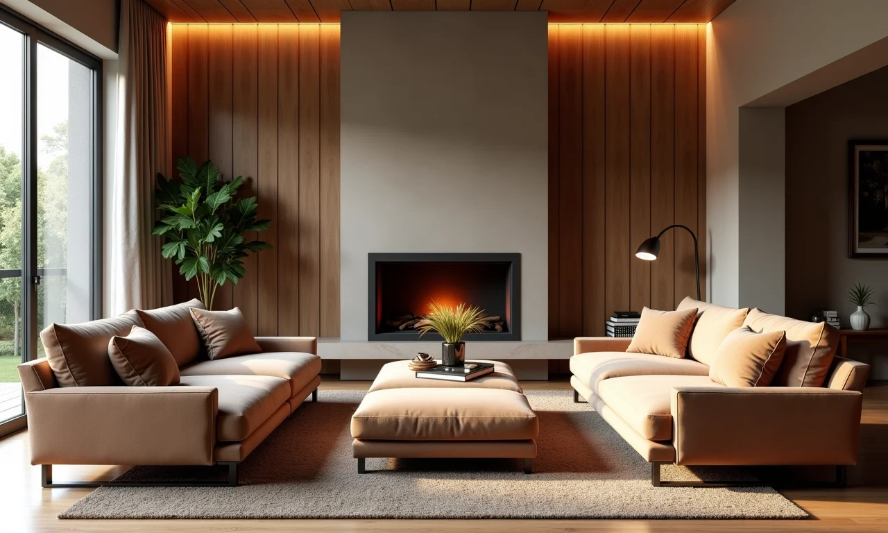 Móveis confortáveis para relaxar perto da lareira.