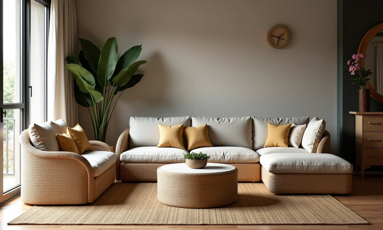 Móveis personalizados com detalhes em corda de sisal.