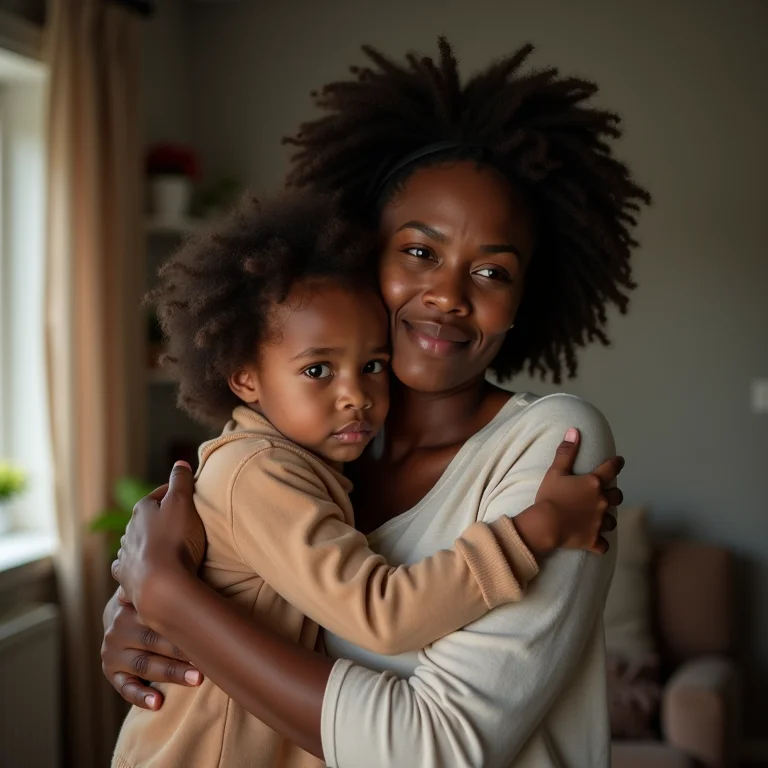 Mulher abraçando seu filho, ambos com expressão preocupada mas esperançosa.