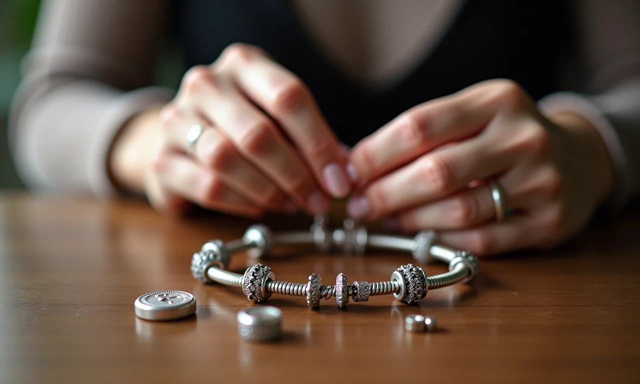 Mulher adicionando berloques a pulseira de prata Pandora.