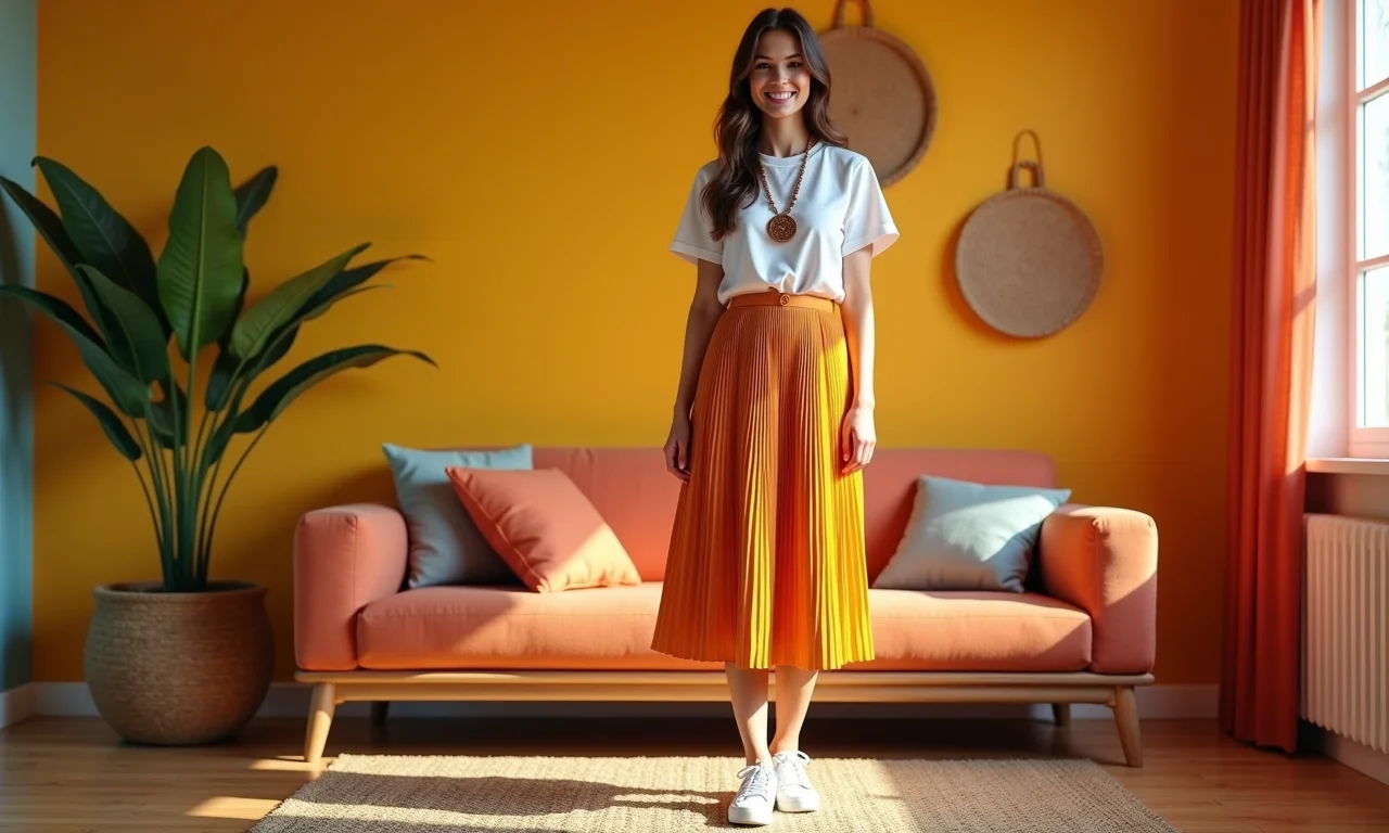 Mulher adicionando colar moderno a look com saia midi e tênis.