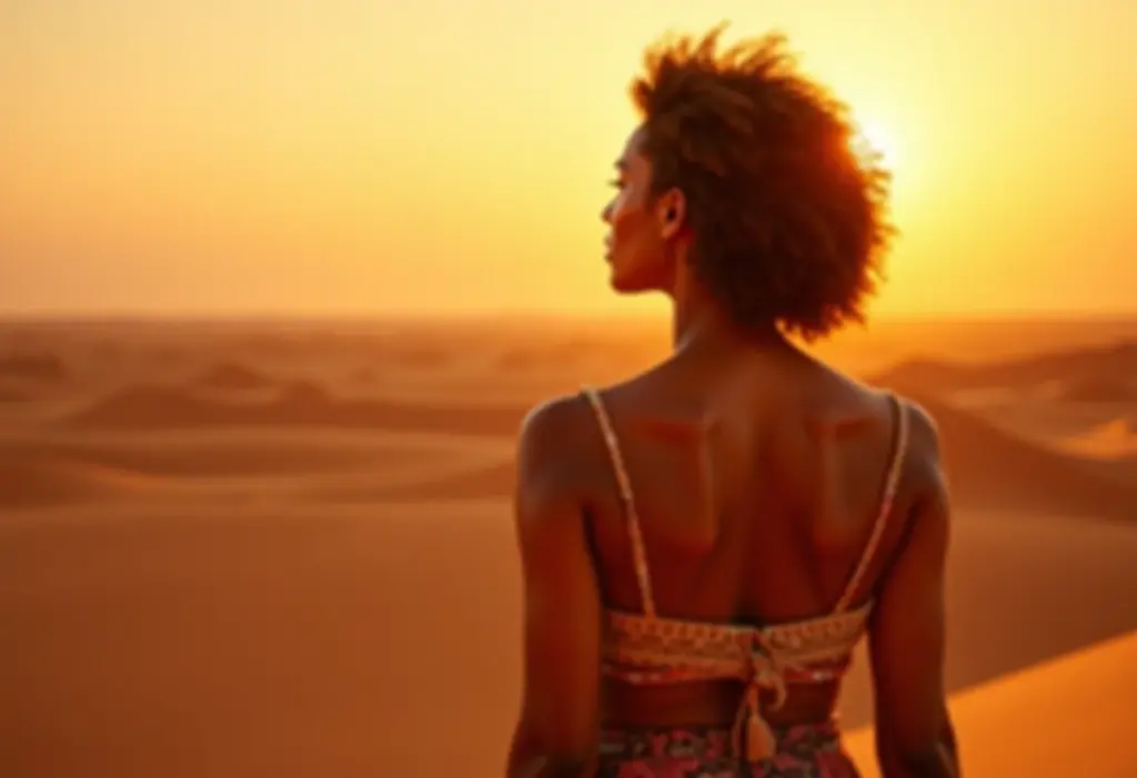 Mulher admirando a imensidão do deserto egípcio ao pôr do sol