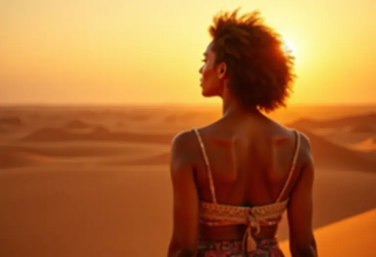 Mulher admirando a imensidão do deserto egípcio ao pôr do sol