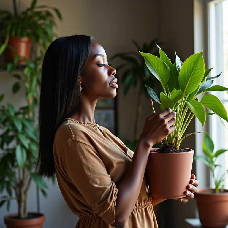 Mulher admirando jardim vertical na sala de estar