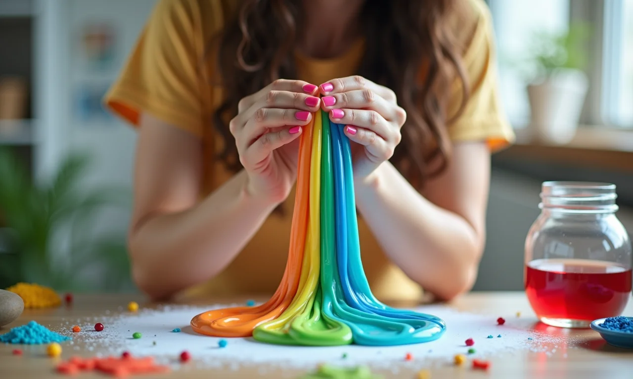 Mulher adulta ensinando como fazer slime em workshop de férias infantil.