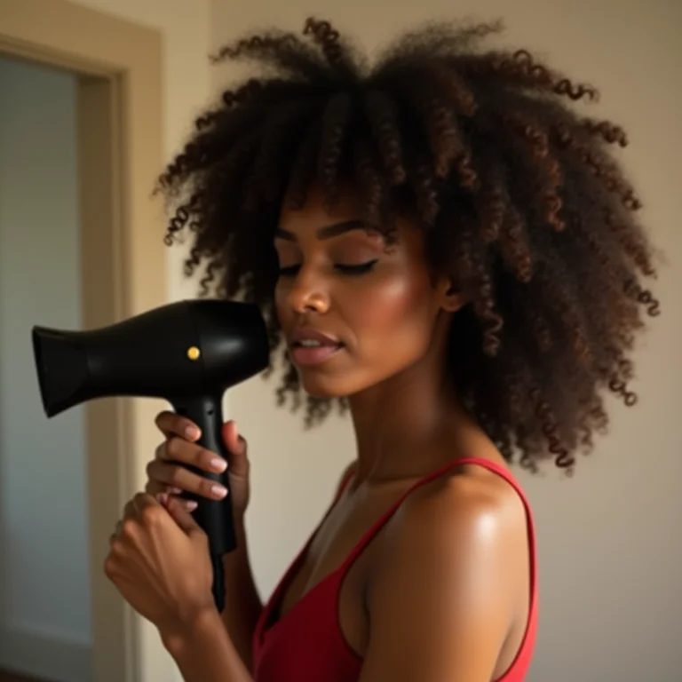 Mulher ajustando a temperatura do secador com difusor