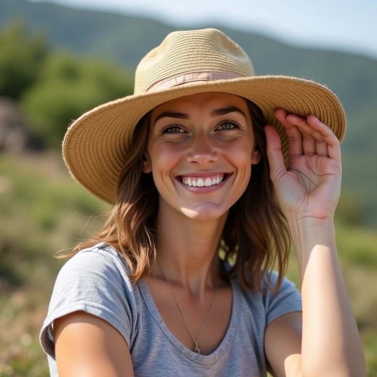 Mulher ajustando o chapéu de sol para um ajuste perfeito e confortável.