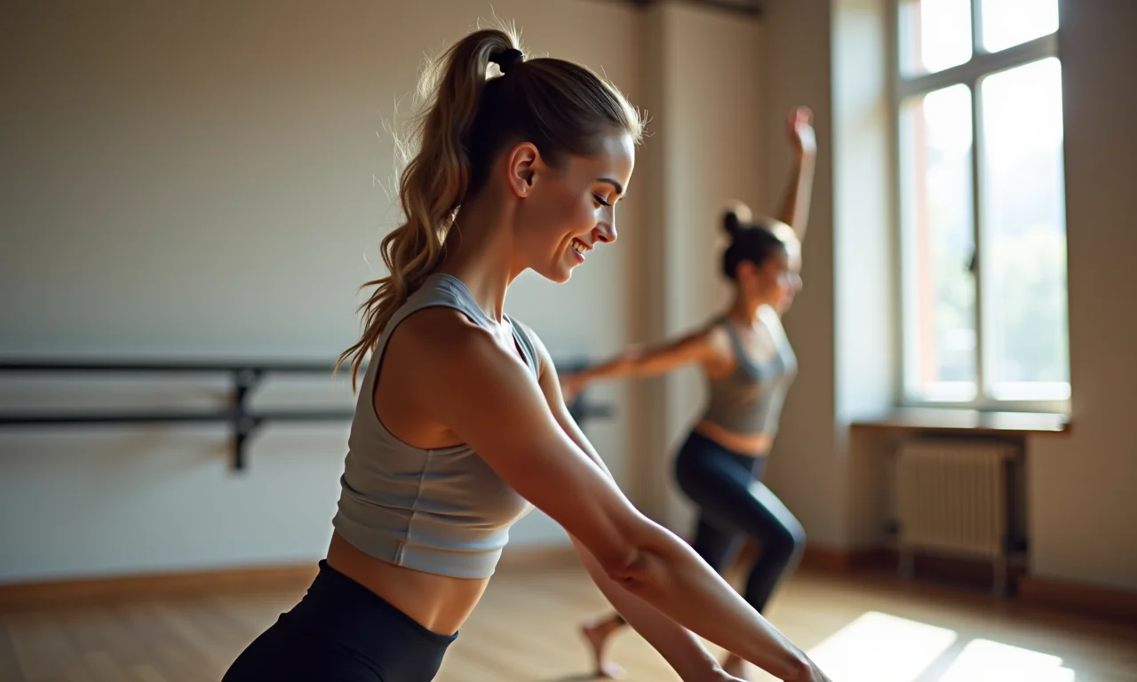 Mulher alongando antes da aula de dança, foco na flexibilidade.