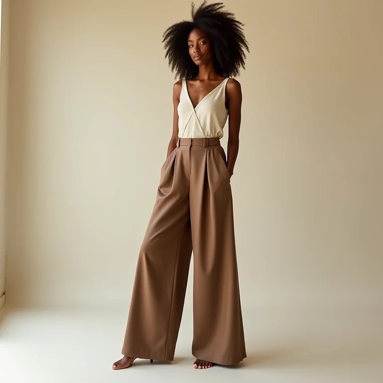 Mulher alta com conjunto de calça pantalona