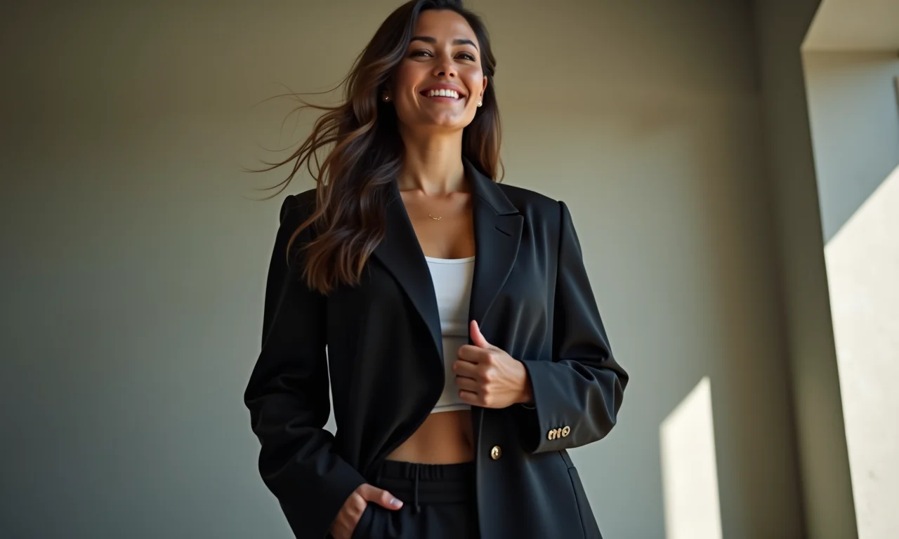 Mulher alta usando blazer preto alongado.