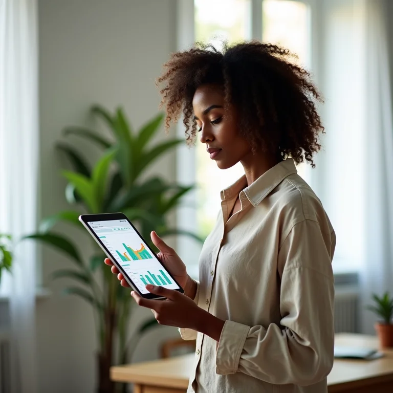 Mulher analisando dados de impacto ambiental em tablet.