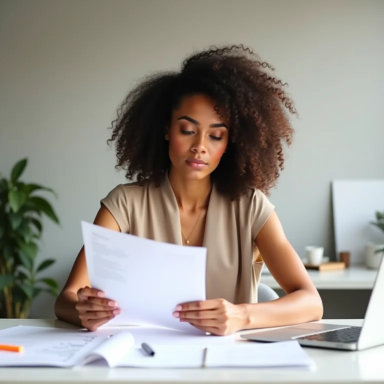 Mulher analisando documentos de carreira em um escritório moderno.