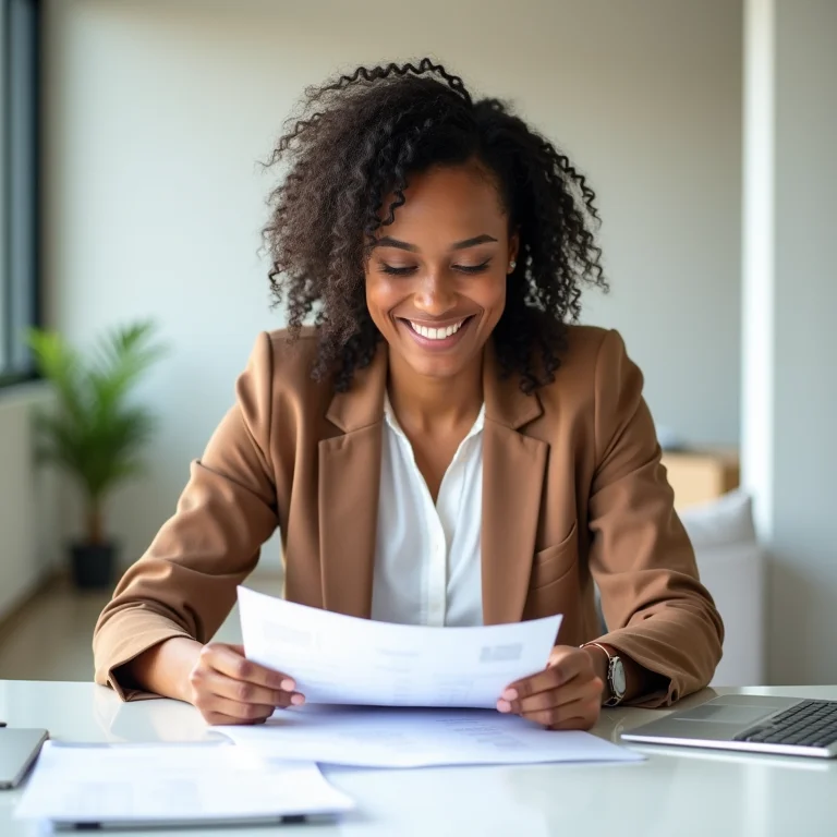 Mulher analisando documentos financeiros com um sorriso confiante.