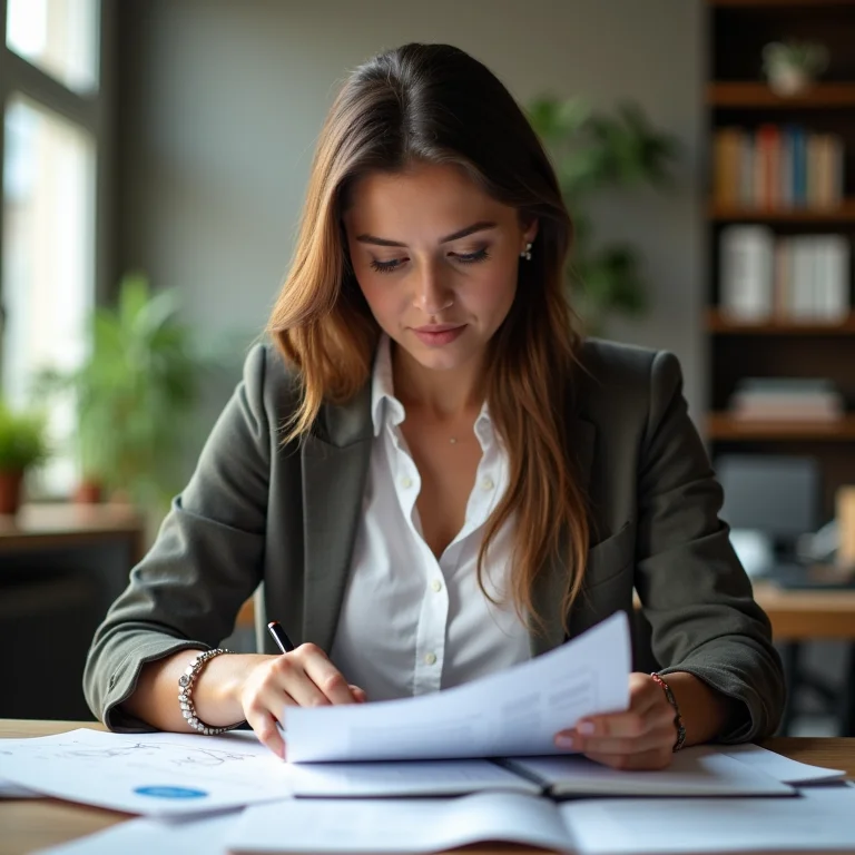 Mulher analisando documentos financeiros em casa