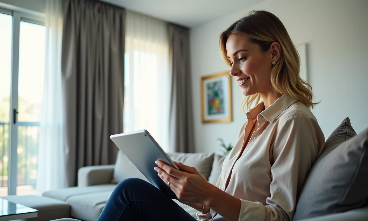 Mulher analisando opções de investimento em um tablet, buscando segurança financeira.