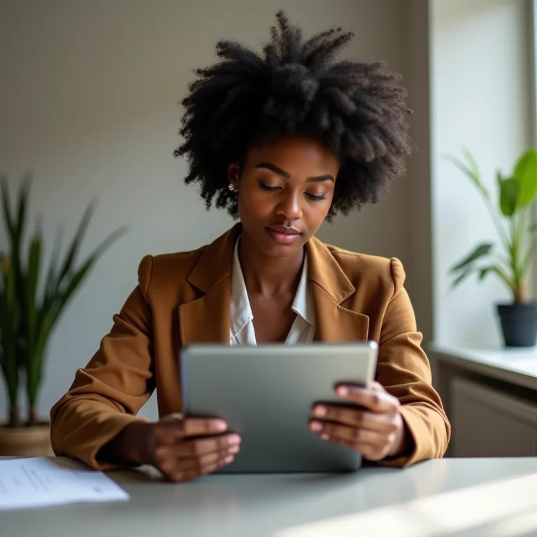 Mulher analisando opções em um tablet, representando decisões assertivas