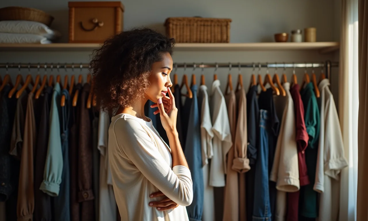 Mulher analisando seu guarda-roupa para identificar seu estilo pessoal e definir as peças essenciais.
