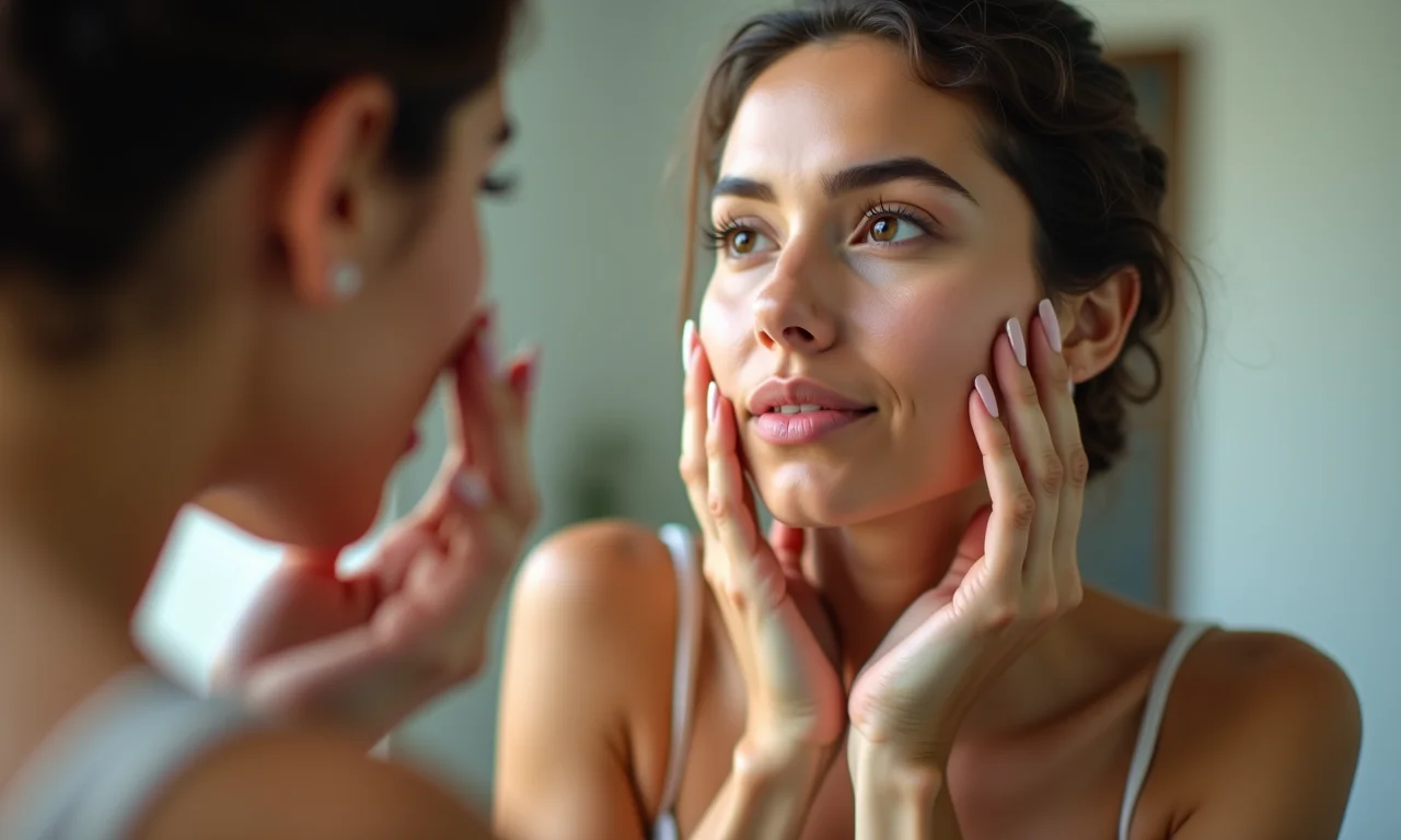 Mulher analisando seu tipo de pele em frente ao espelho.