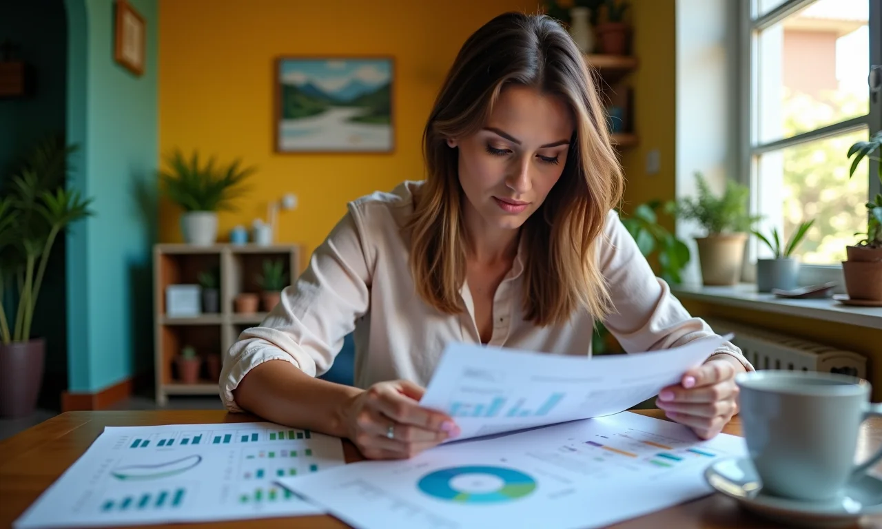 Mulher analisando suas finanças com confiança e planejamento em um ambiente acolhedor.
