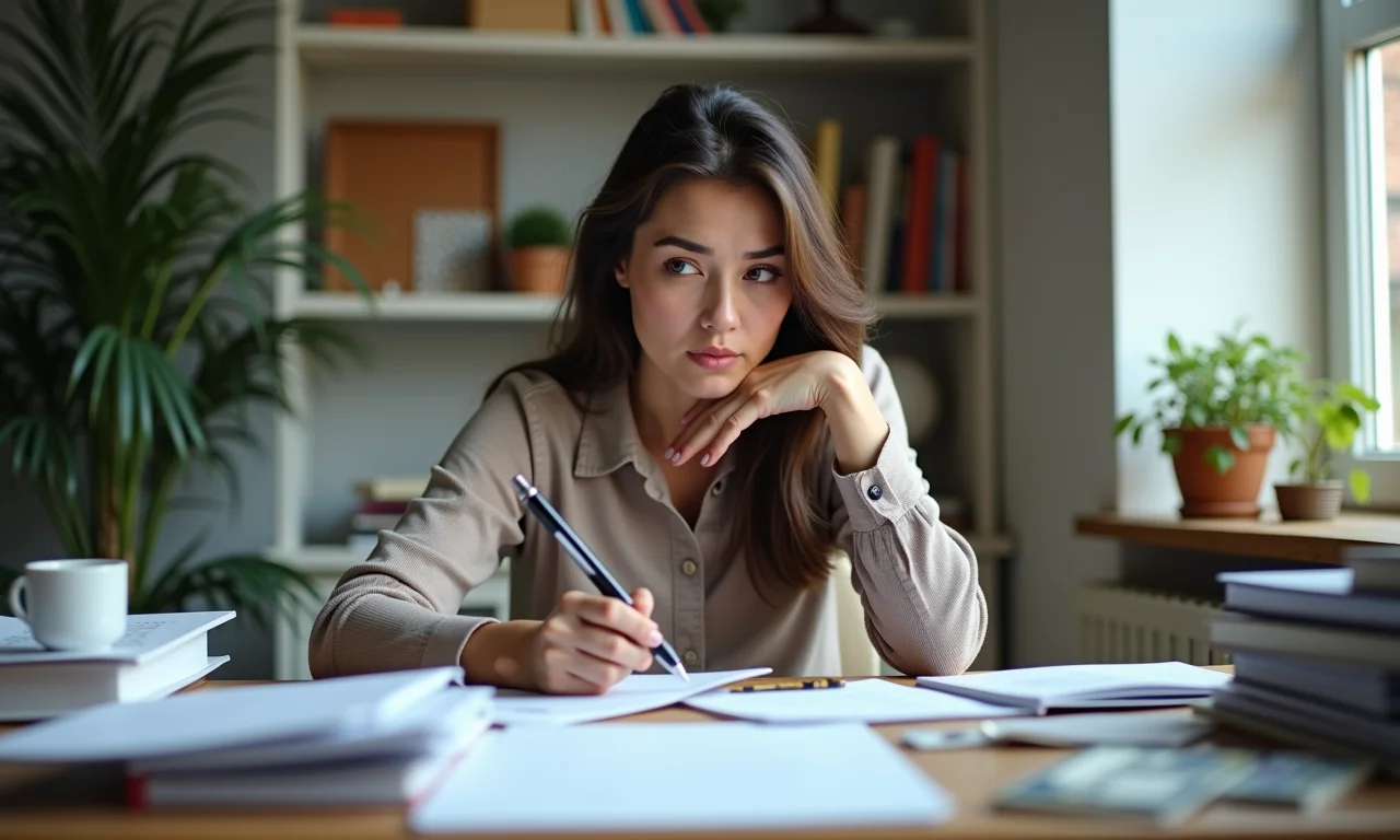 Mulher analisando uma mesa bagunçada, identificando atividades que roubam seu tempo.