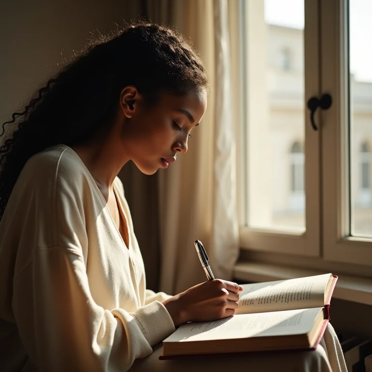 Mulher anotando sonhos em um diário, representando sonhos precoces