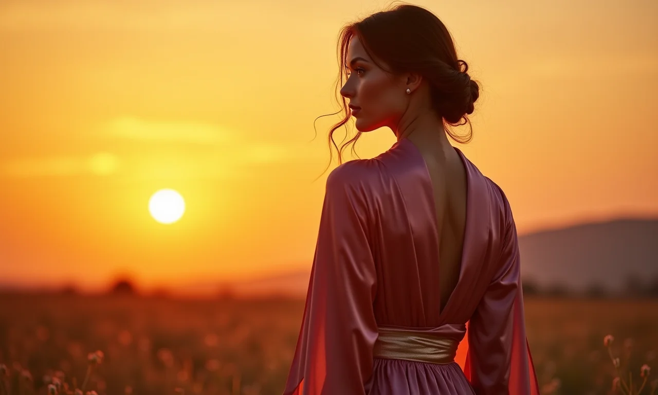 Mulher ao pôr do sol usando um quimono de seda sobre um vestido, look elegante.