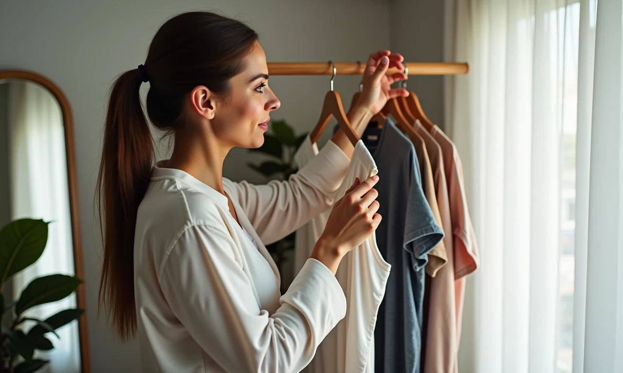 Mulher aplicando a regra 'um entra, um sai' no guarda-roupa.
