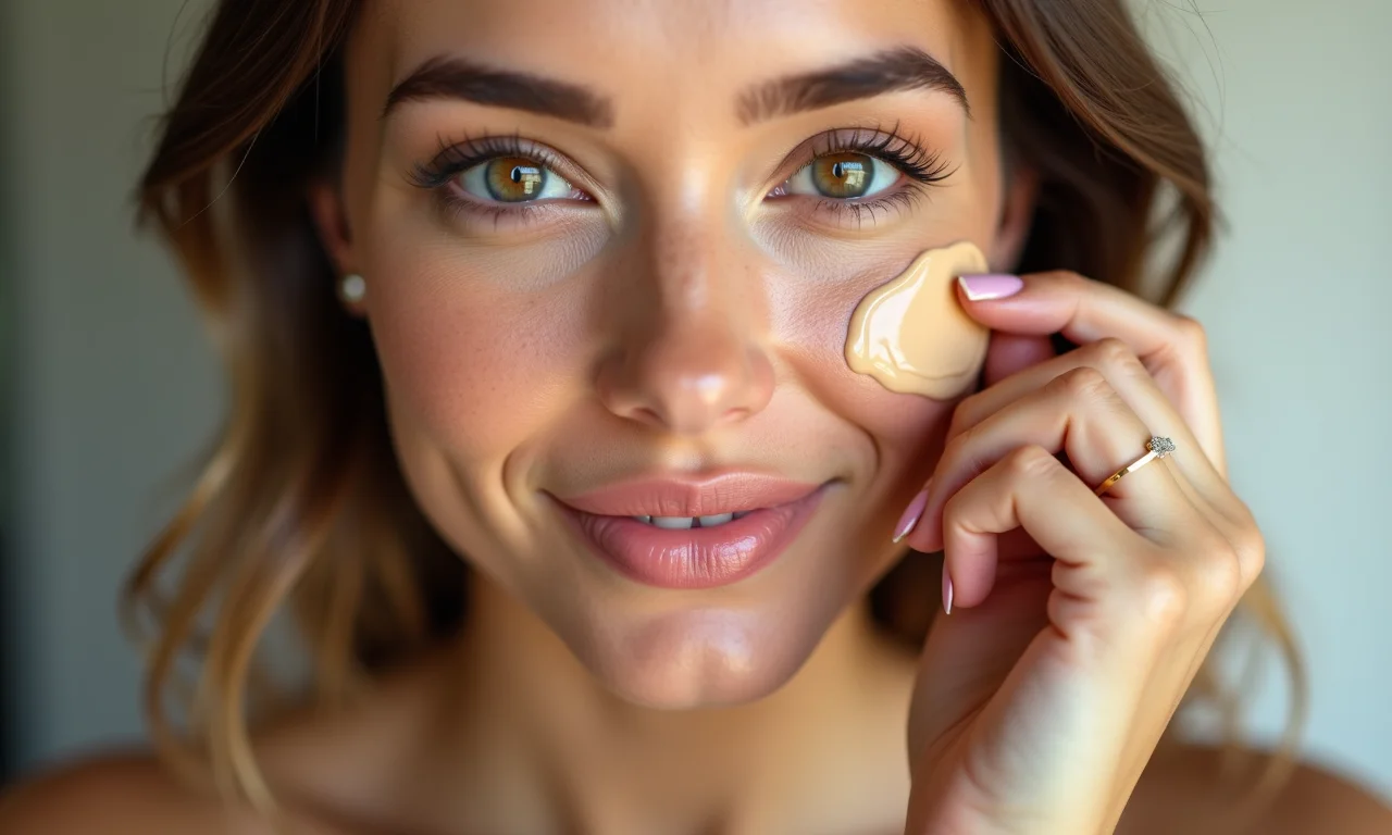 Mulher aplicando base de alta cobertura da Marca Z, mostrando pele uniforme.