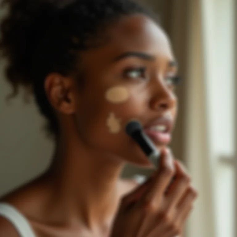 Mulher aplicando base no rosto, rotina de maquiagem