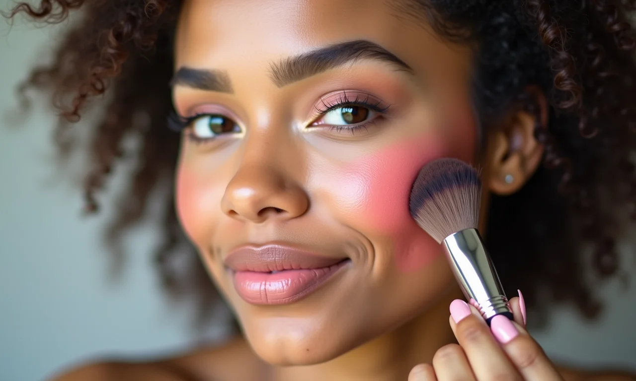 Mulher aplicando blush altamente pigmentado com pincel macio.