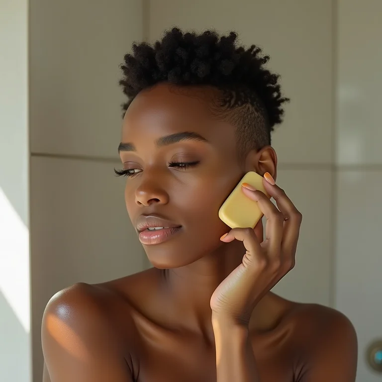 Mulher aplicando condicionador sólido no cabelo molhado durante o banho.