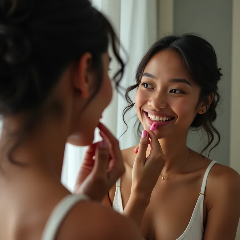 Mulher aplicando gloss labial, bastidores