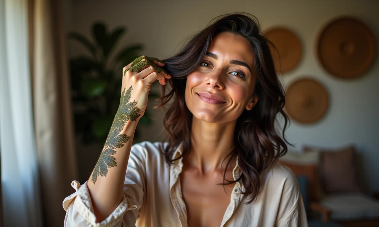 Mulher aplicando henna no cabelo em apartamento aconchegante.