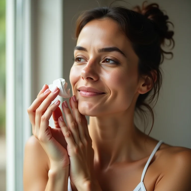 Mulher aplicando hidratante no rosto para uma pele viçosa.