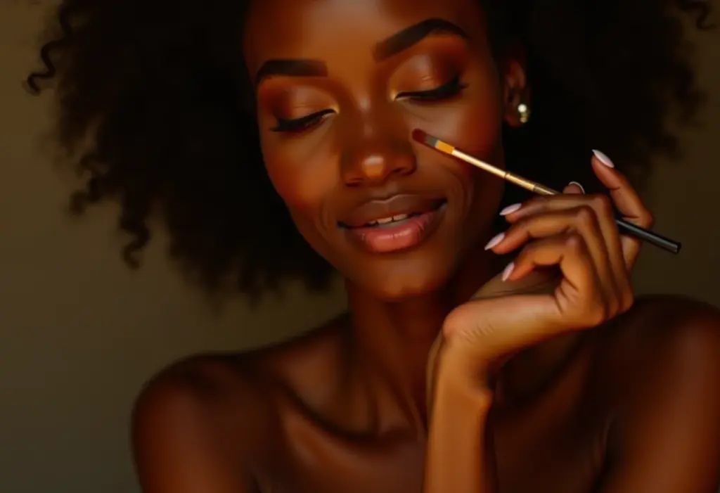 Mulher aplicando maquiagem com pincel kabuki, pele real e radiante.