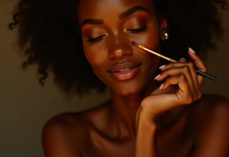 Mulher aplicando maquiagem com pincel kabuki, pele real e radiante.