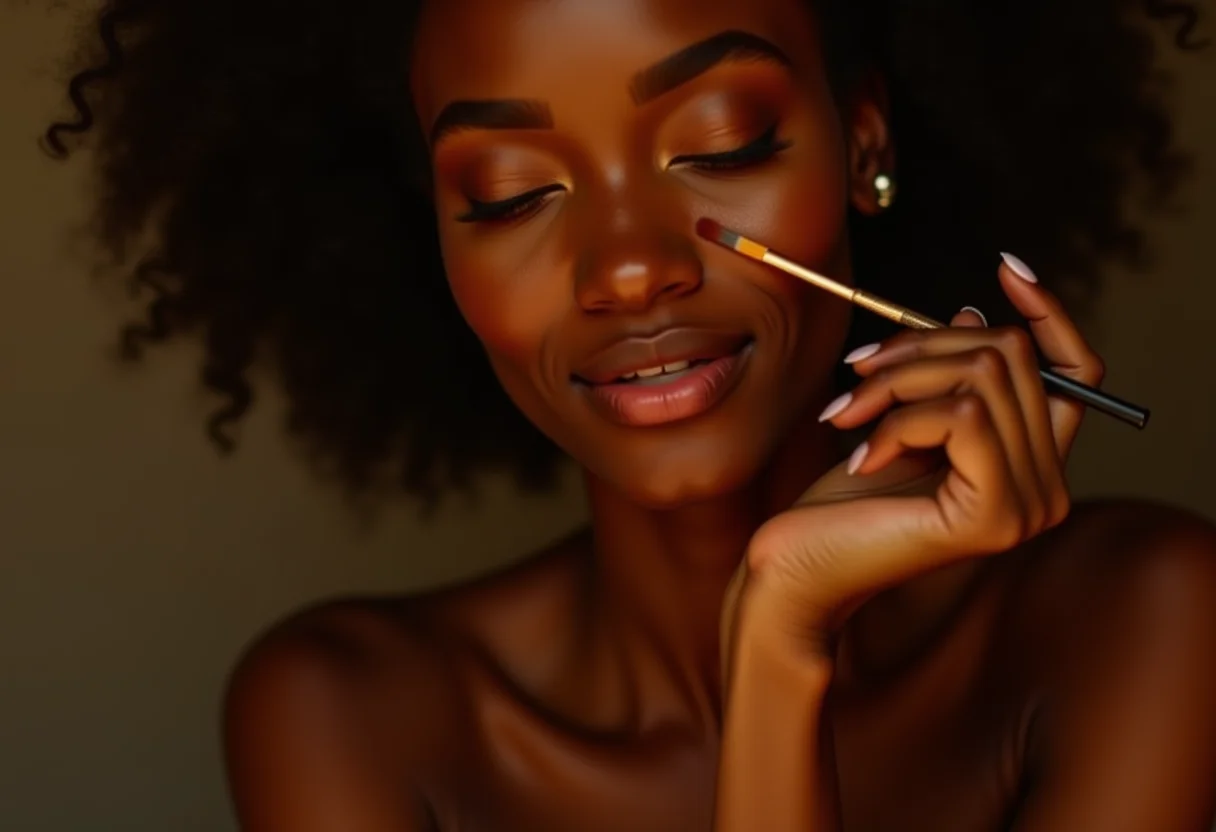 Mulher aplicando maquiagem com pincel kabuki, pele real e radiante.