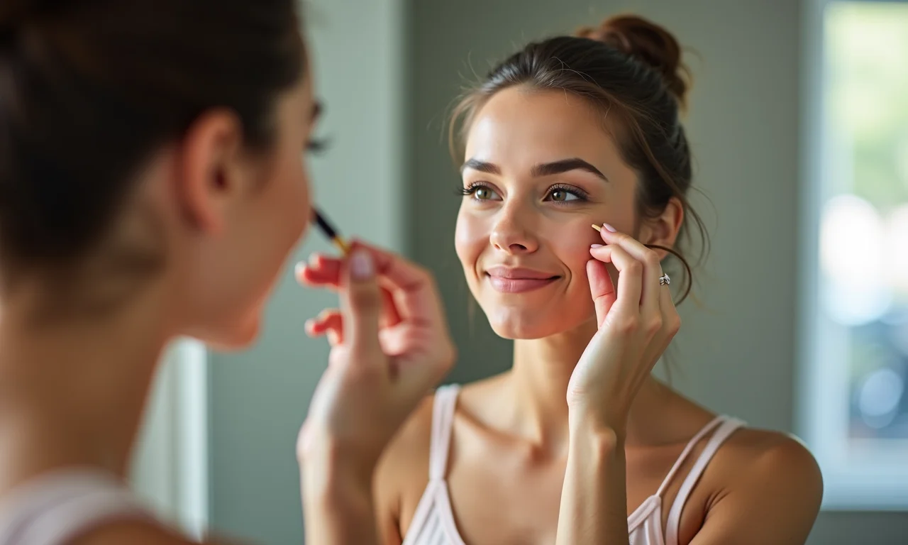 Mulher aplicando maquiagem leve e natural.