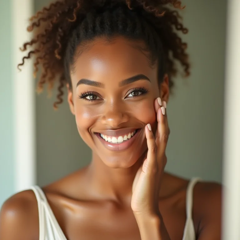 Mulher aplicando maquiagem suave, transmitindo beleza e alegria.