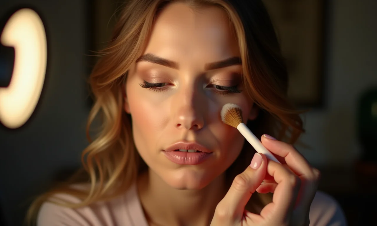 Mulher aplicando maquiagem usando iluminação estratégica.