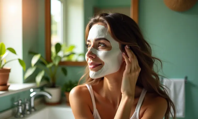 Mulher aplicando máscara capilar caseira em banheiro iluminado e cheio de plantas.
