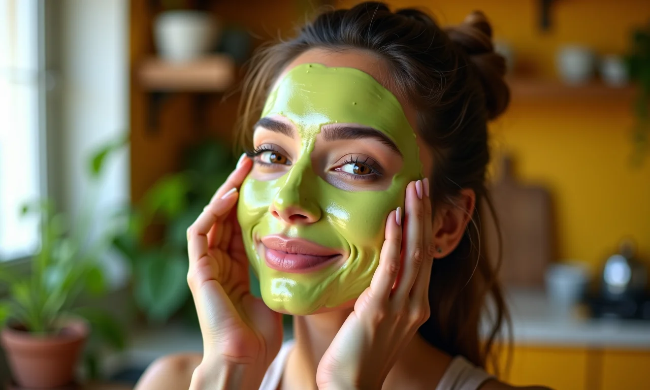 Mulher aplicando máscara de abacate nos cabelos em cozinha colorida.
