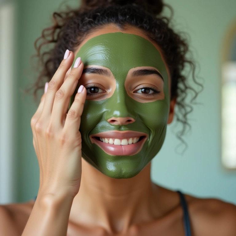 Mulher aplicando máscara de argila verde no rosto