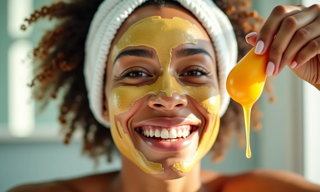 Mulher aplicando máscara de ovo nos cabelos em banheiro iluminado.