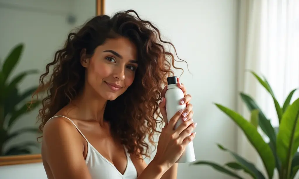 Mulher aplicando mousse para dar volume em cabelo ondulado.